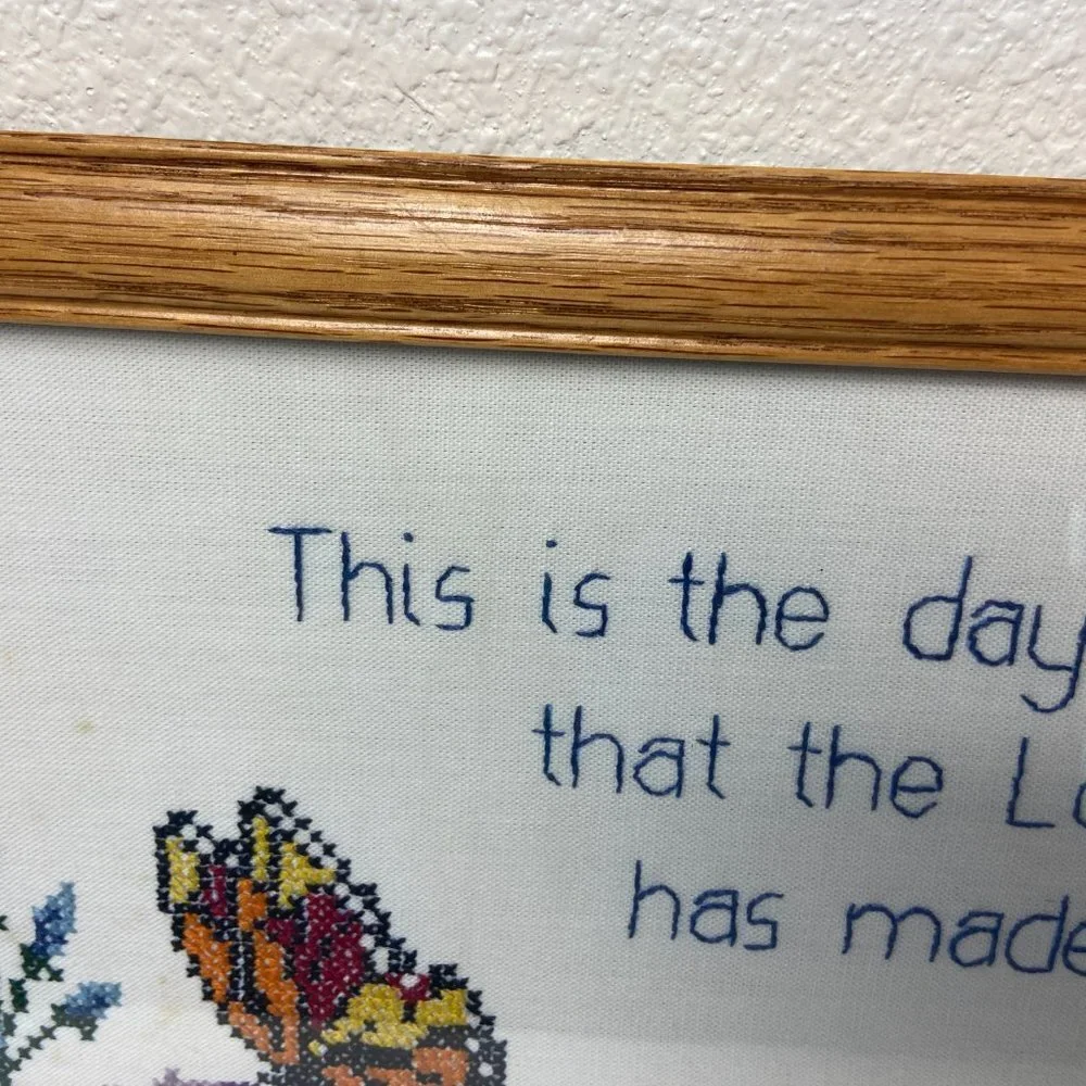 Vintage Cross stitch Flowers Butterfly Wooden Frame Handmade